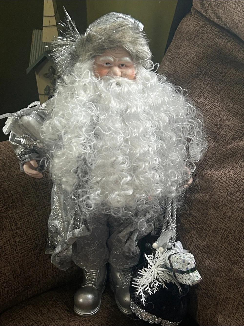 Silver White Curly-Bearded Santa Figurine 18” NWOT